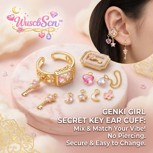 WuscbScn™ Genki Girl Secret Key Ear Cuff - No Piercing Gold Cartilage Earring with Interchangeable Cute Charms, Magical Girl Y2K Aesthetic Dangle Earrings, Cosplay Jewelry Gift for Women & Teens