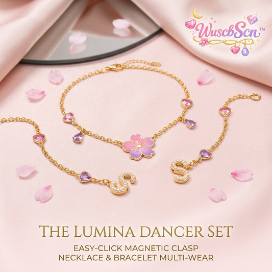 WuscbScn™ The Lumina Dancer 3-in-1 Jewelry Set - Easy-Click Magnetic Clasp Multi-Wear Cherry Blossom Necklace & Pearl Initial 'S' Bracelet Set, 18K Gold Plated Romantic Sakura Pendant with Pink Heart & Lavender Crystal Dangles, Dreamy Aesthetic Gift