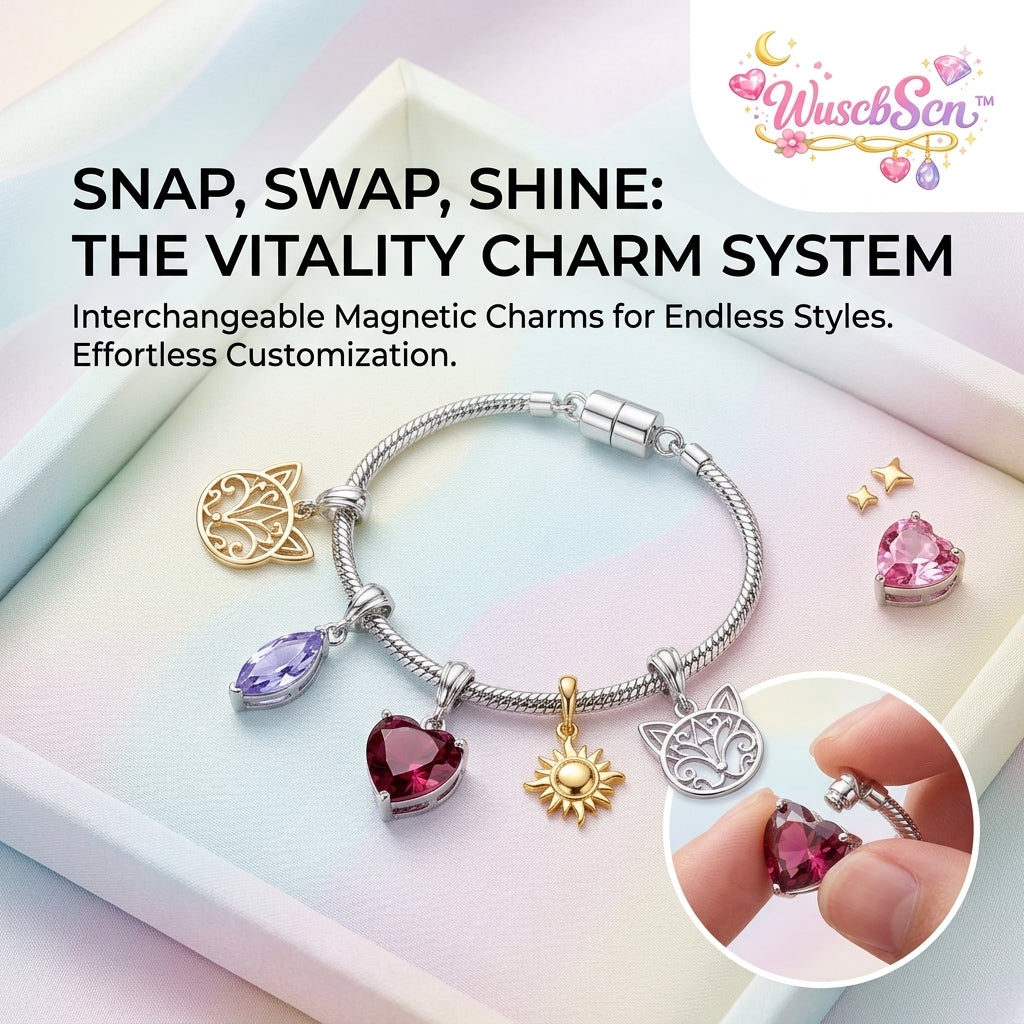 WuscbScn™ Magnetic Charm Bracelet Set - Interchangeable Snake Chain Jewelry with Snap-On Gemstone Hearts, Sun, Stars & Filigree Cat Charms - Customizable Personalized DIY Bracelet Gift for Women & Girls