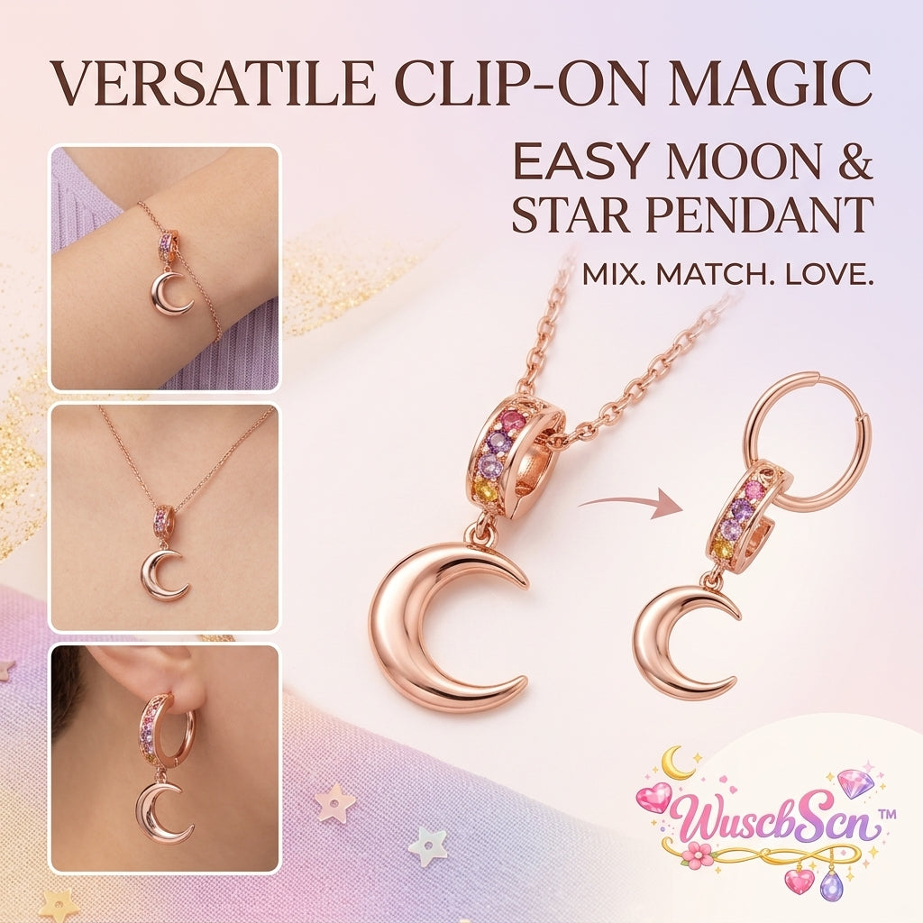 WuscbScn™ Rose Gold Crescent Moon Clip-On Charm Pendant - Rainbow Crystal Studded Hinged Bail, Versatile Dainty Moon Dangle Charm for Necklaces, Chain Bracelets, and Hoop Earrings
