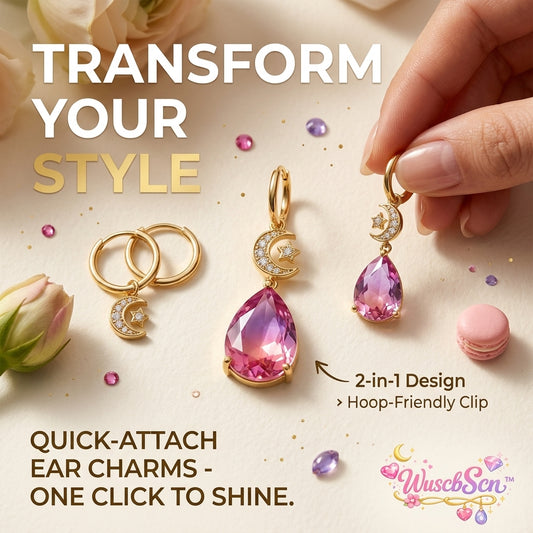 WuscbScn™ 2-in-1 Detachable Hoop Earrings for Women - Celestial Moon & Star Ear Charms with Pear-Cut Pink Purple Gradient Crystal, Quick-Attach Gold Huggie Drop Earrings Jewelry Gift