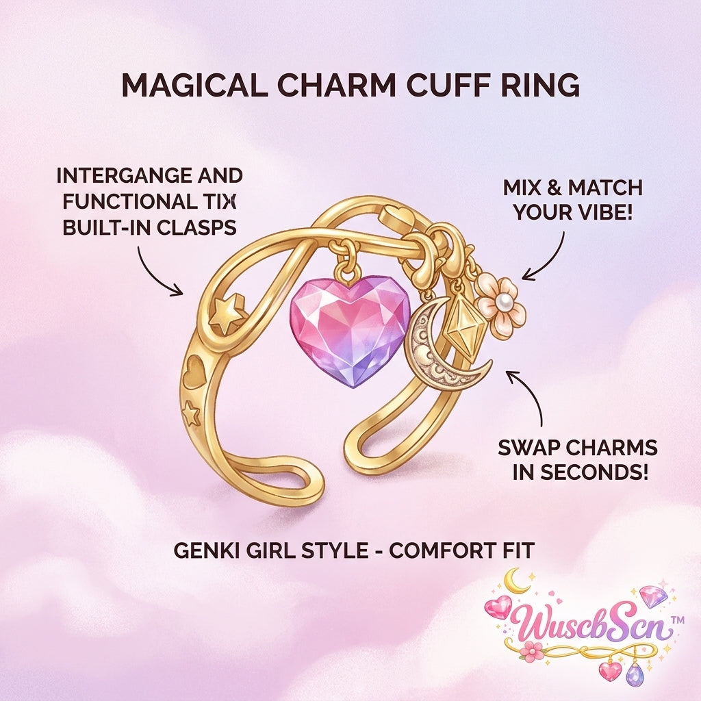 WuscbScn™ Magical Charm Cuff Ring - Adjustable Gold Open Ring with Interchangeable Kawaii Heart, Moon & Flower Charms | Cute Y2K Genki Girl Aesthetic Personalized Jewelry Gift for Women Girls