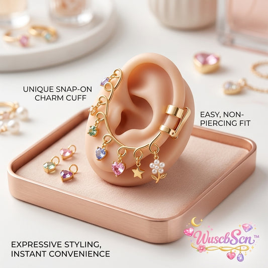 WuscbScn™ Non-Piercing Gold Ear Cuff with Interchangeable Charms | Cute Y2K Heart Star Pearl Clip-On Ear Wrap | Customizable Cartilage Earring Fashion Jewelry Gift for Women & Girls