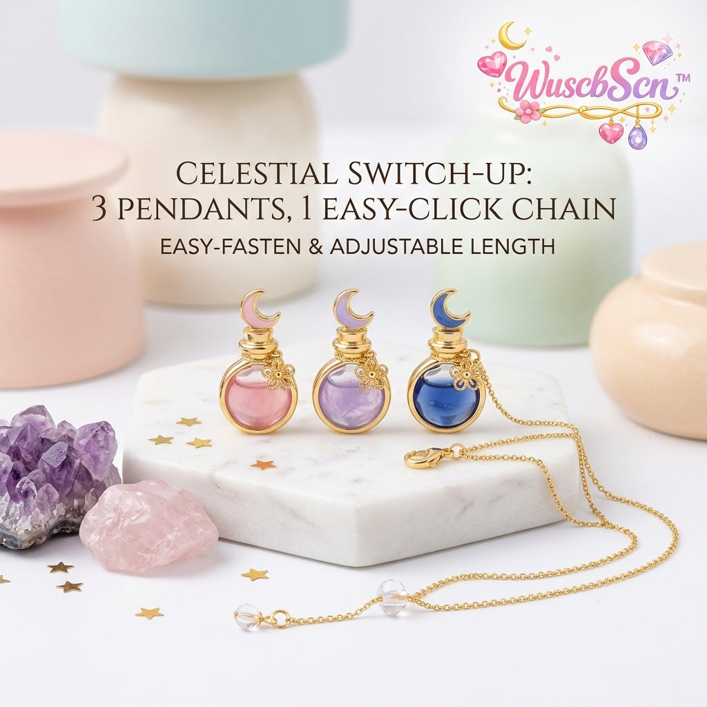WuscbScn™ Celestial Switch-Up 3-in-1 Necklace Set – Interchangeable Potion Bottle Pendants with Crescent Moon & Flower Charm, Easy-Click Gold Adjustable Chain, Whimsical Aesthetic Jewelry Gift for Her