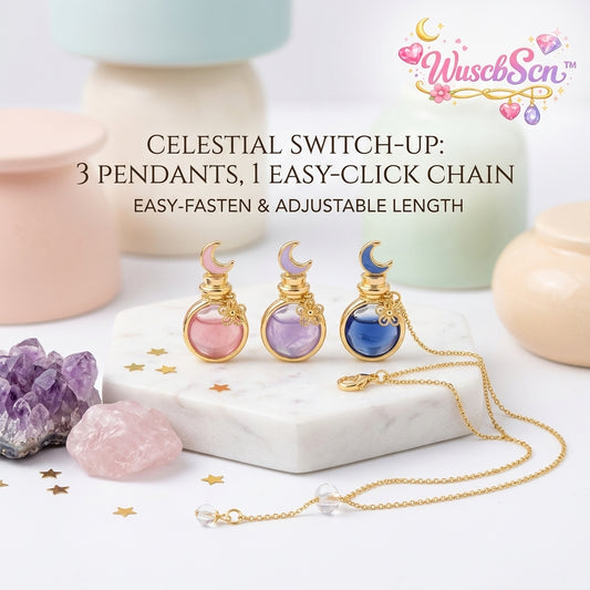 WuscbScn™ Celestial Switch-Up 3-in-1 Necklace Set – Interchangeable Potion Bottle Pendants with Crescent Moon & Flower Charm, Easy-Click Gold Adjustable Chain, Whimsical Aesthetic Jewelry Gift for Her