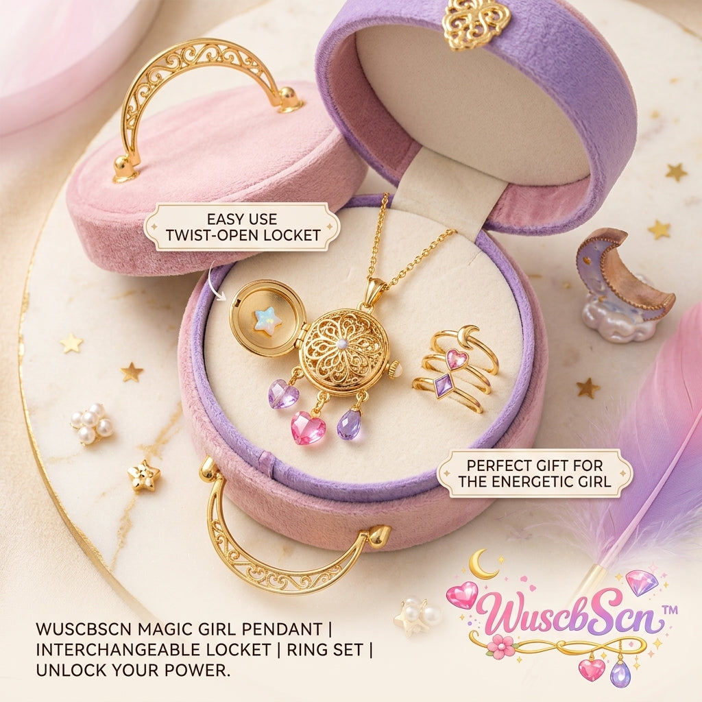 WuscbScn™ Magical Girl Jewelry Set | Interchangeable Twist-Open Locket Pendant Necklace & Stackable Moon Heart Rings with Premium Round Velvet Case | Cute Anime Cosplay Accessories Gift for Girls & Teens